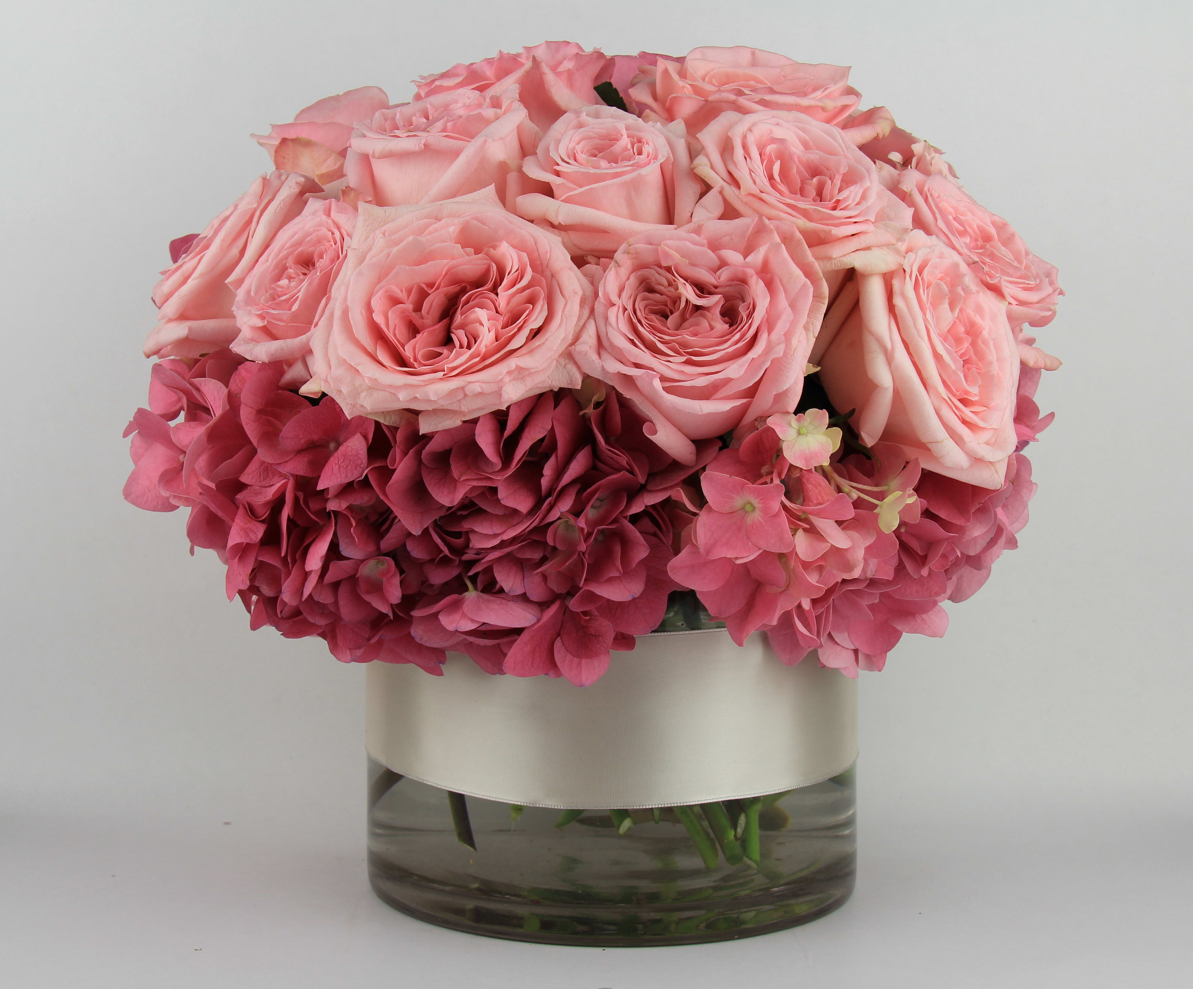 O' Hara Roses Bowl - Pink O' Hara Garden Roses design in a pave style with French satin ribbon.