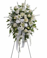 Solid Easel spray in any color scheme - easel spray with carnations, roses and lilies with beautiful greenery and ribbons 