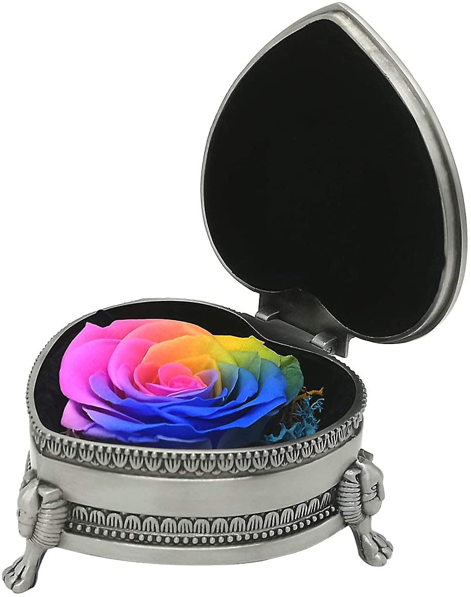 Forever Rose In a Heart Shaped Pewter Jewelry Box Rainbow