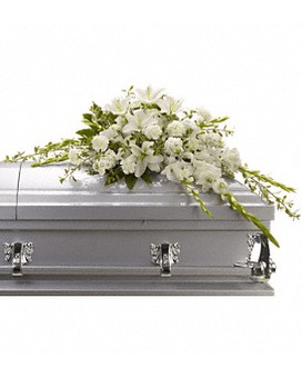 Bountiful Memories Casket Spray Bountiful Memories Casket Spray - A casket spray made of all white flowers and simple greenery is a simply stunning way to honor the deceased while bringing a quiet strength and serenity to those present. Gorgeous white oriental lilies gladioli carnations and more create a beautiful crescent shaped casket spray. Approximately 49" W x 27" H Orientation: N/A As Shown : T242-4A T242-4Aa