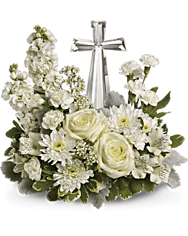 DEVINE PEACE BOUQUET - ALL WHITE FLOWERS AND A CRYSTAL CROSS WILL EXPRESS FEELING OF LOVE AND SYMPATHY.