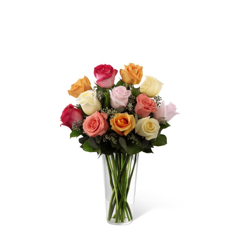FTD Graceful Grandeur Rose Bouquet - The FTD Graceful Grandeur Rose Bouquet offers your special recipient a  bright assortment of roses to bring them joy with its exquisite beauty.  Cream, orange, hot pink, coral and light pink roses are accented with  lush greens and gorgeously arranged within a clear glass vase to create a  lovely way to send your love, say thank you or even to extend your  happy birthday wishes. GOOD bouquet includes 12 stems. Approx. 19H x  14W. BETTER bouquet includes 18 stems. Approx. 21H x 15W. BEST  bouquet includes 24 stems. Approx. 23H x 18W. EXQUISITE bouquet  includes 36 stems. Approx. 26H x 21W. 