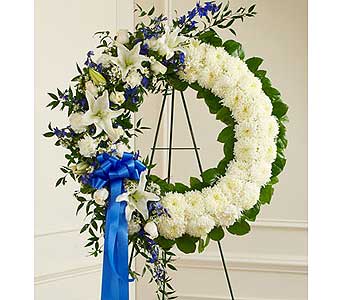 Blue and White Standing Wreath Blue and White Standing Wreath - This Standing Wreath in elegant blue and white is a beautiful reflection of your love and sympathy. As Shown : HUD-91306