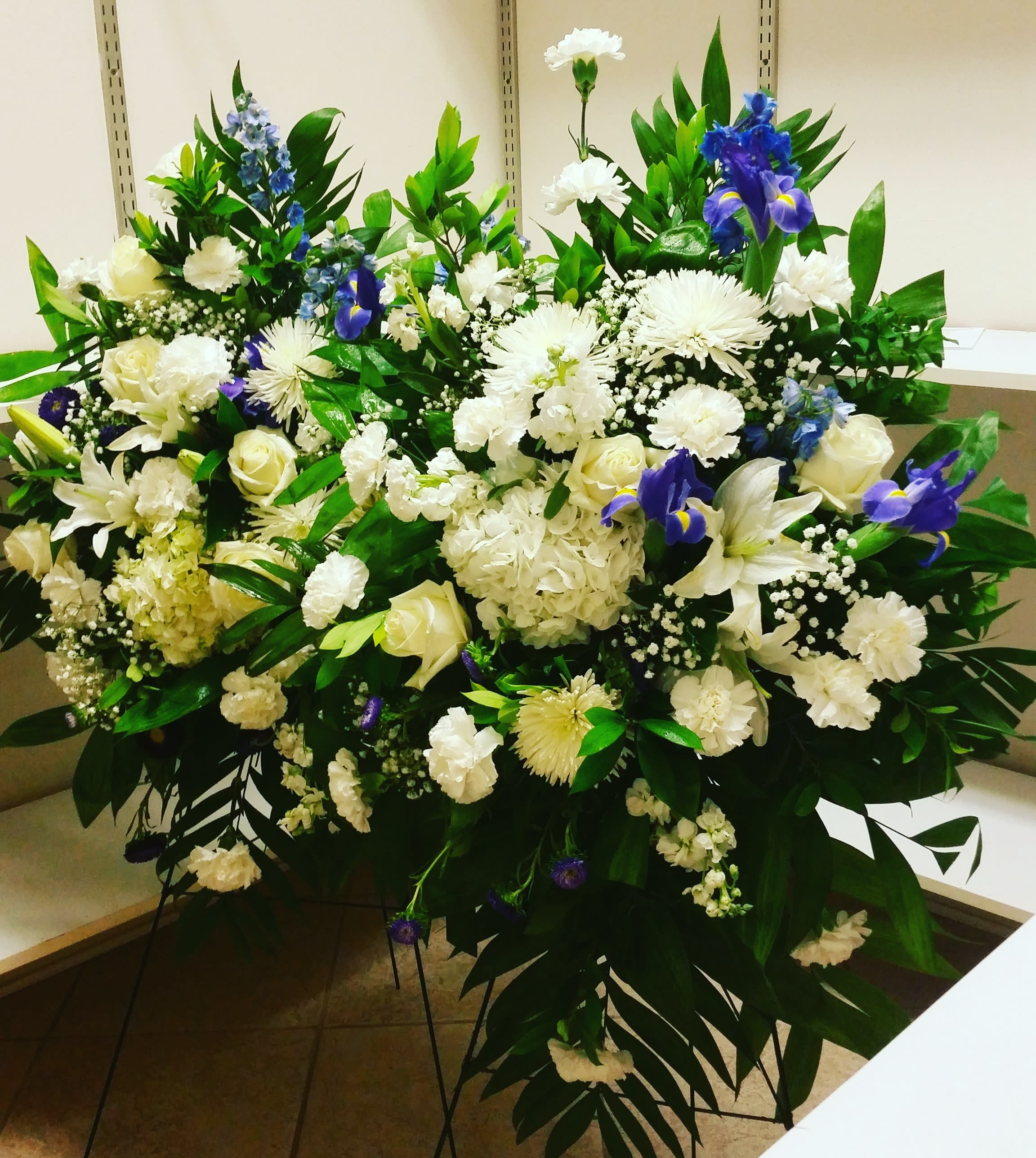 Set Of Standing Spray - Two Standing Spray with blue and white flowers. Flowers and color can't change in order to meet your needs.  
