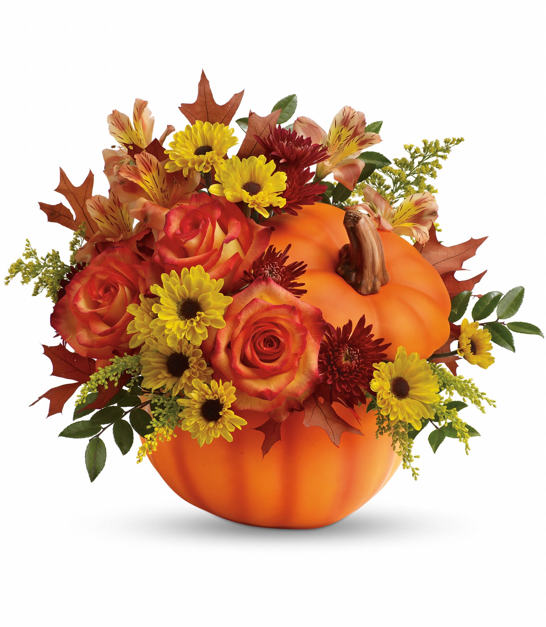 Teleflora's Warm Fall Wishes Bouquet Teleflora's Warm Fall Wishes Bouquet - Includes a lush mix of orange roses, orange alstroemeria, burgundy cushion chrysanthemums, yellow daisy chrysanthemums, solidago, huckleberry and oak leaves. Delivered in an exclusive ceramic pumpkin with lid. Approximately 14 1/2" W x 12 1/2" H. T13H110A