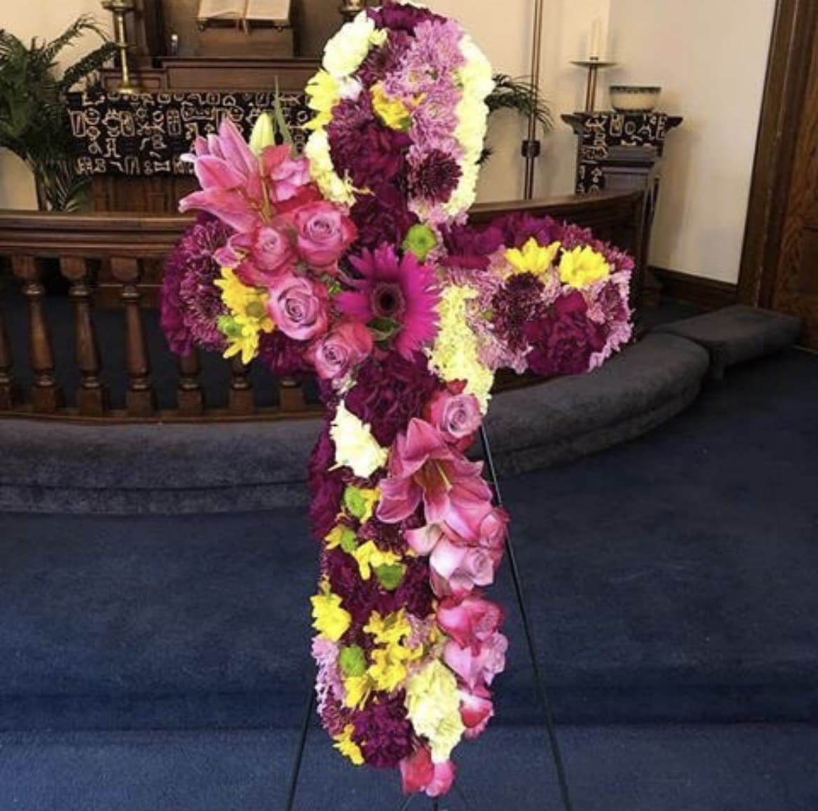 Mixed Flowers Standing Cross - Twenty inch cross filled with seasonal flowers 