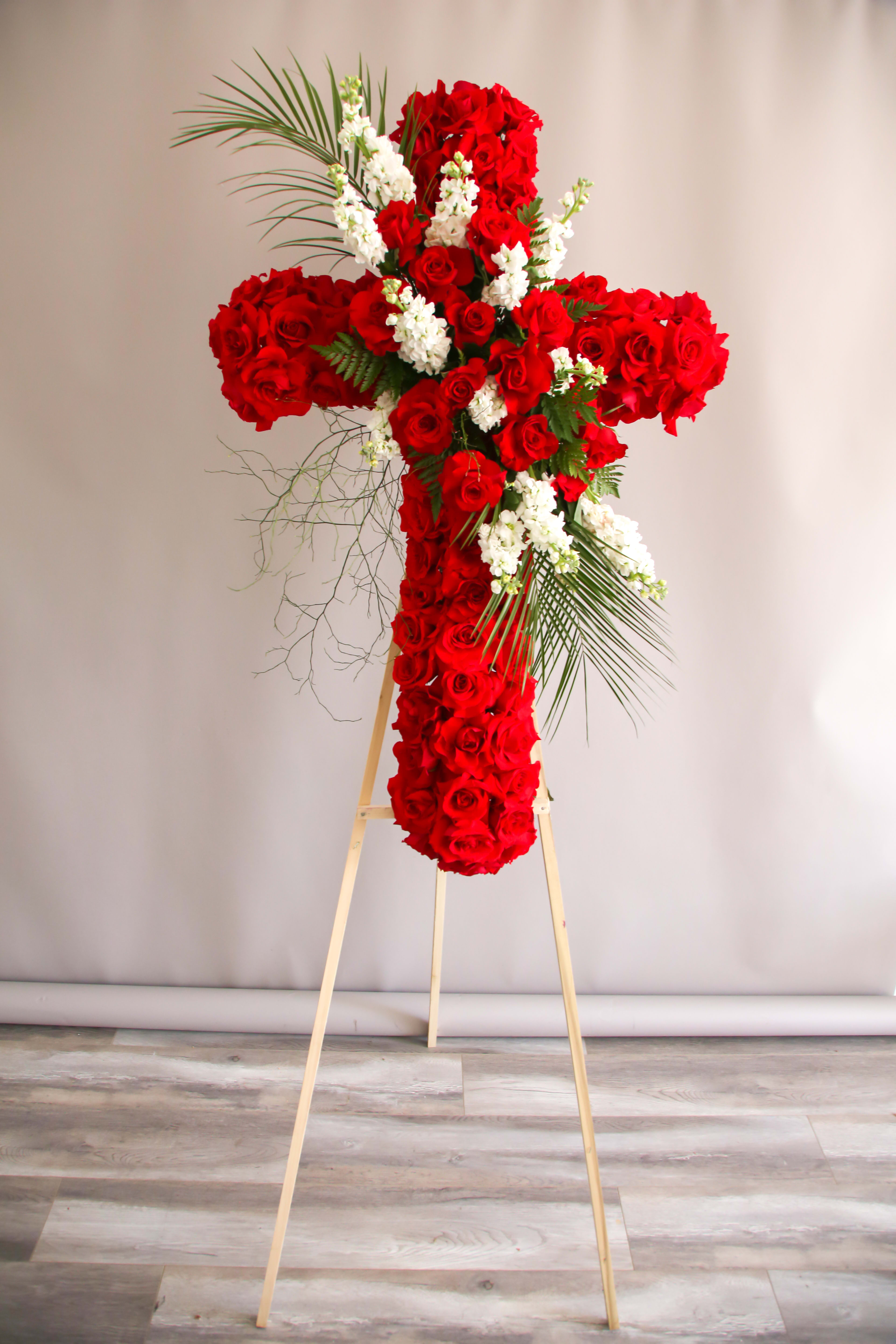 Sympathy Red Cross - Red Roses in a cross shape with greens