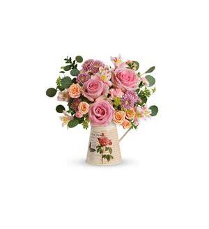 Tres Chic Bouquet - Tres chic! With its charming vintage vibe and delicate bouquet of pink and peach roses, this hand-glazed metal water pitcher is the perfect Mother's Day treat!