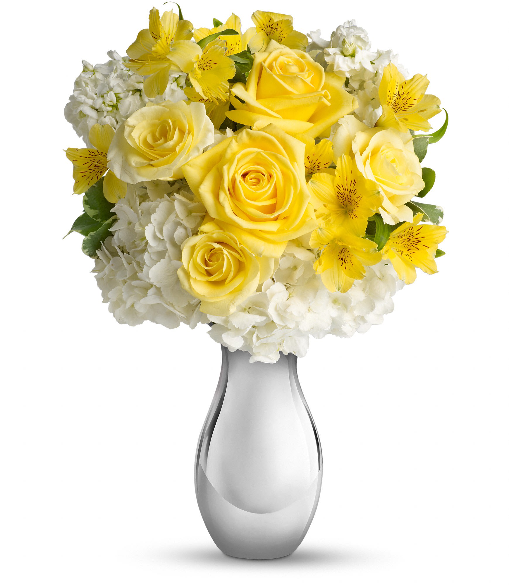 So Pretty Bouquet - It's like sunshine and moonlight in are gloriously happy gift! Soft yellow roses, white hydrangea and other favorites showcased in a dazzling Silver Reflections vase. She'll love it - and so will her envious friends. 
