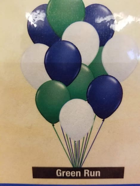 Green Run High School Balloon Colors Green Run High School Balloon Colors - 12 12 inch geren, white, and blue latex balloons tied to a colorful weight