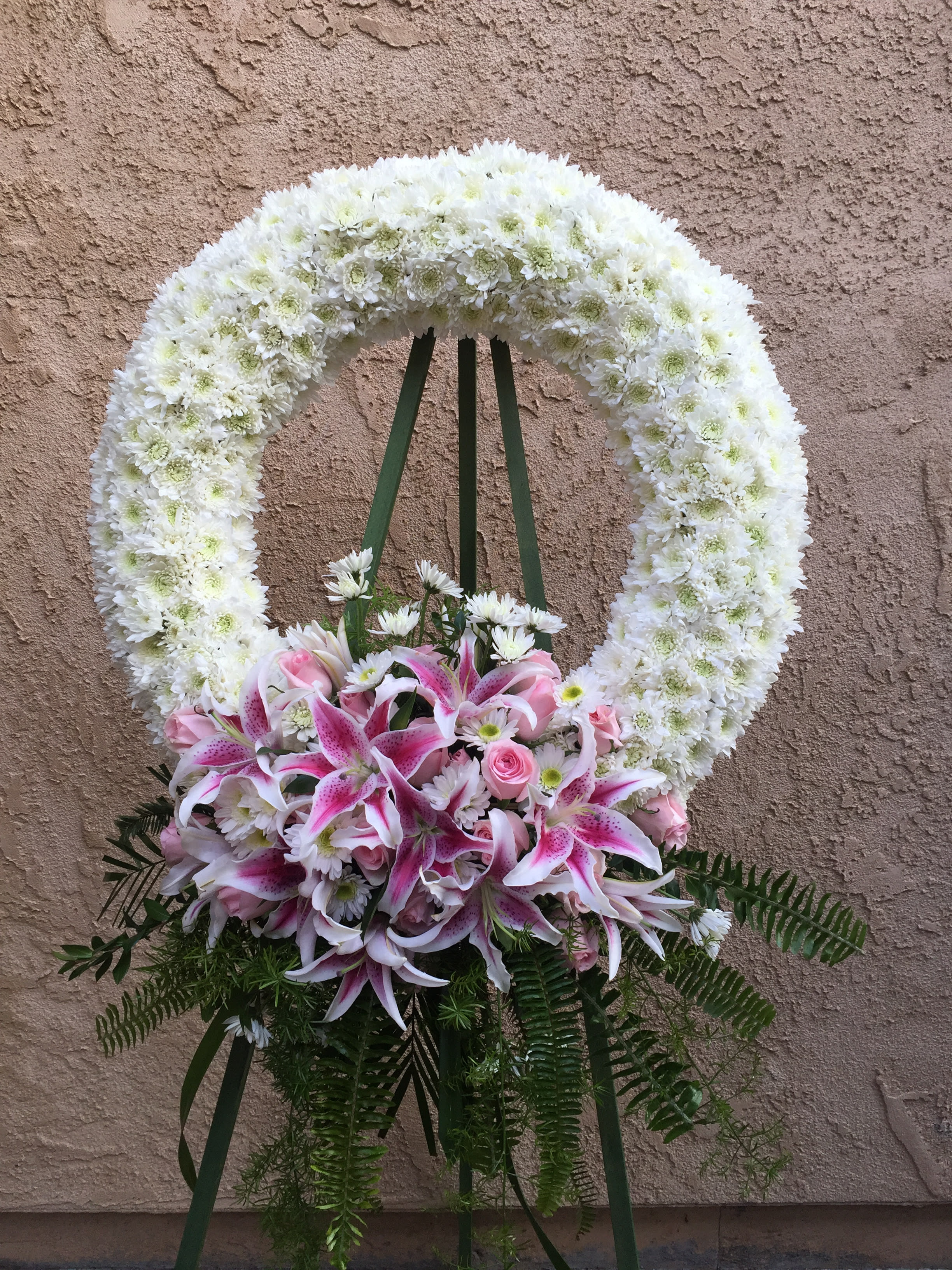 Funeral Wreath 5 - Standing wreath with white and pink flowers
