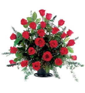 Blooming Red Roses Basket - This traditional basket filled with red roses and eucalyptus shows all that true love goes on forever.  One funeral basket arrives decorated with twenty-four red roses and decorative foliage.  Approximately 38&quot; W x 30&quot; H