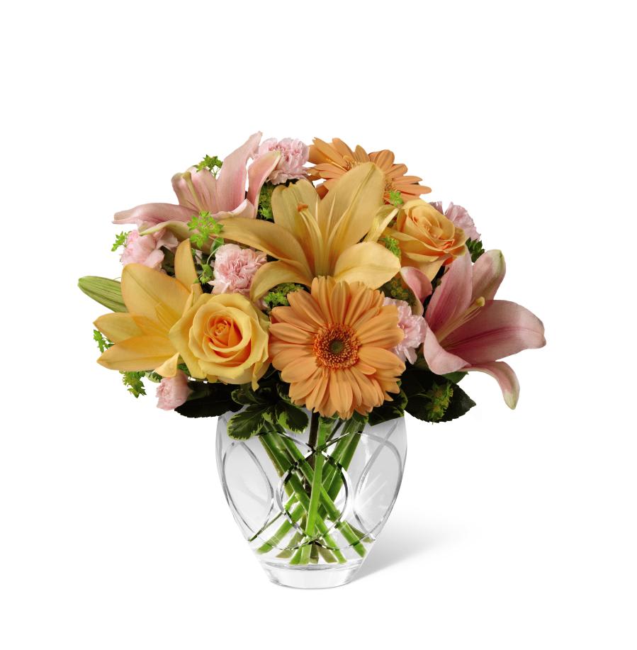 FTD Brighten Your Day Bouquet - &quot;The FTDÂ® Brighten Your Dayâ¢ Bouquet is blooming with brilliant color and  cheer and is sure to lift their spirits with each exquisite bloom.  Peach roses, gerbera daisies and Asiatic lilies bring a soft energy to  this bouquet when combined with pink mini carnations, pink Asiatic  Lilies, bupleurum and variegated pittosporum.  Beautifully presented in a  designer clear glass vase, this bouquet creates a wonderful way to show  them how much you care. GOOD bouquet includes 8 stems. Approx. 12H x  12W. BETTER bouquet includes 11 stems. Approx. 13H x 13W. BEST  bouquet includes 14 stems. Approx. 14H x 14W.   