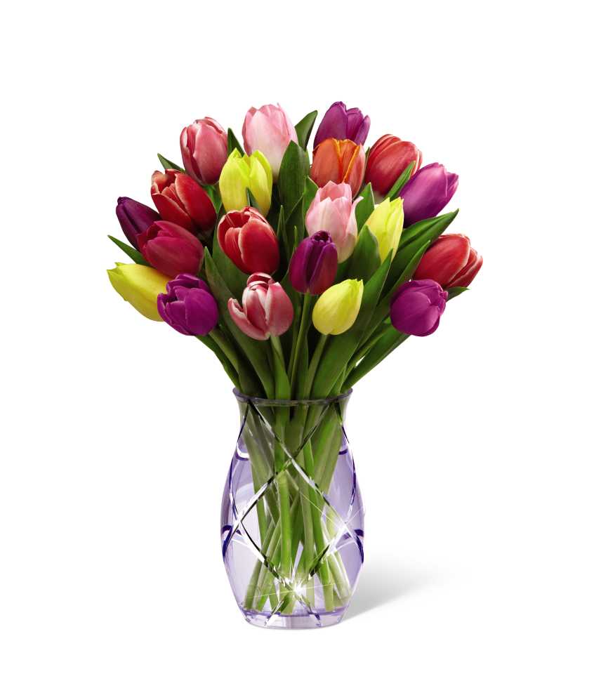 The FTD Spring Tulip Bouquet by Better Homes and Gardens - FTD proudly presents the Better Homes and Gardens Spring Tulip Bouquet just in time to celebrate the coming of spring! Tulips in a stunning array of colors including red, yellow, purple and pink are presented in a sparkling, heavy, cut glass vase that shimmers with just a hint of lilac purple. Choose this joyful tulip bouquet to send your happy birthday wishes, offer your congratulations or to say thank you, and your thoughtfulness will be remembered for many years to come.
