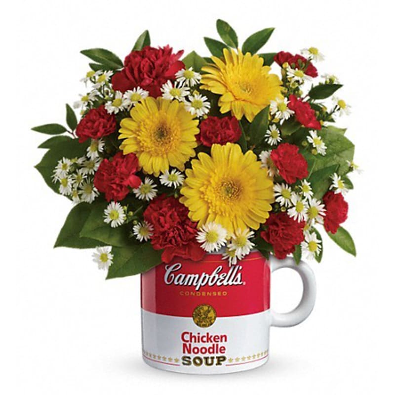 Campbell's? Healthy Wishes by Teleflora Campbell's? Healthy Wishes by Teleflora - Send your most sincere healthy wishes for a speedy recovery! This beautiful bouquet of bright yellow gerbera daisies and red carnations is perfectly presented in a charming Campbell's Chicken Noodle Soup mug that will be enjoyed for years to come. This cheerful bouquet includes yellow gerbera daisies, red carnations, white monte cassino asters, lemon leaf and huckleberry. Delivered in a Campbell's® Get Well mug. Orientation: One-Sided All prices in USD ($) Standard TEV51-1A Deluxe TEV51-1B Premium TEV51-1C