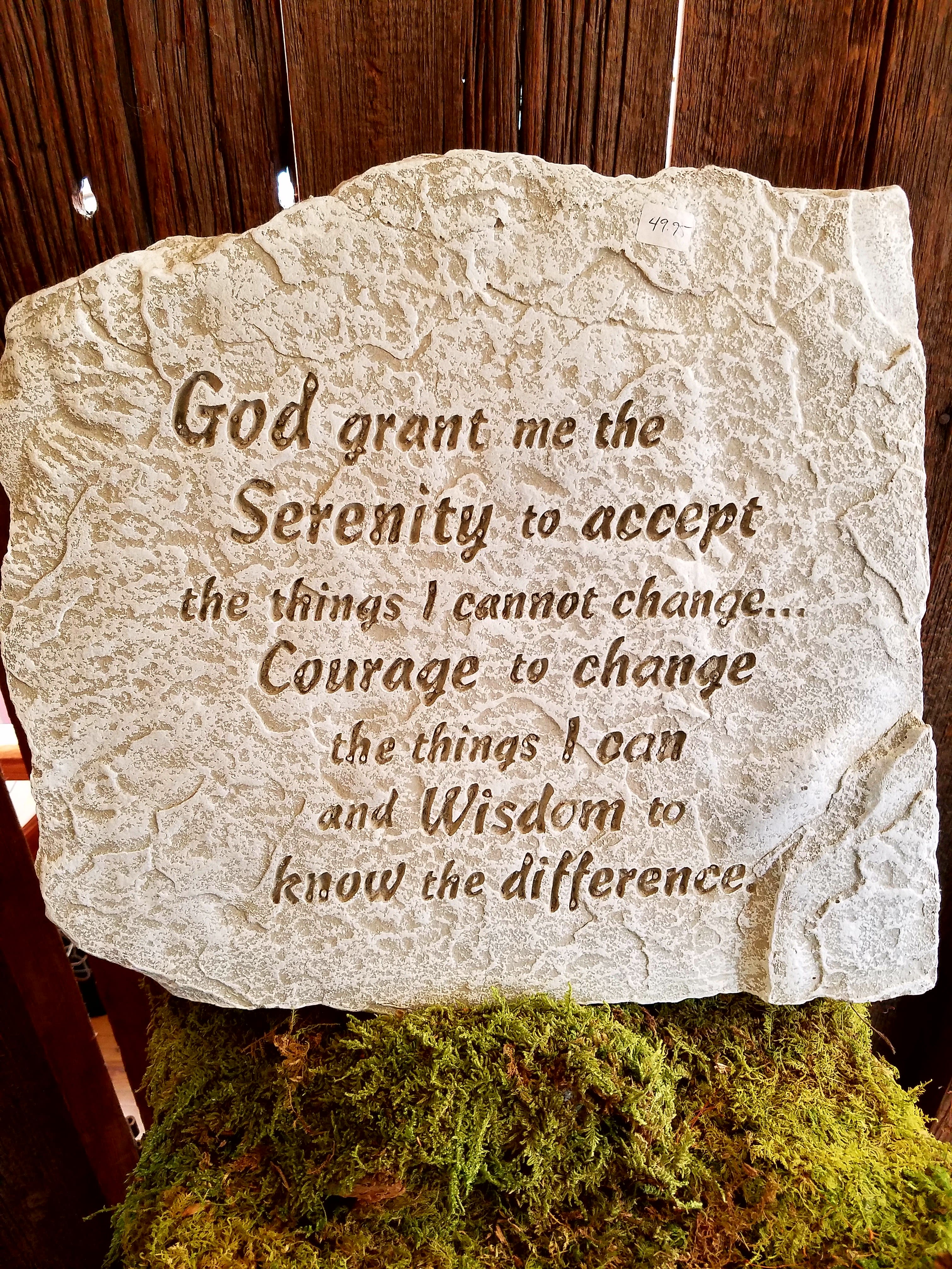 "Serenity..." Large Memorial Stone ** LOCAL DELIVERY ONLY ** "Serenity..." Large Memorial Stone ** LOCAL DELIVERY ONLY ** - "God grant me the Serenity to accept the things I cannot change... Courage to change the things I can, and Wisdom to know the difference."  ALL OF OUR STONES COME DECORATED WITH A SHEER BOW, WILLOW, RAFFIA, AND OUR SIGNATURE BIRD.