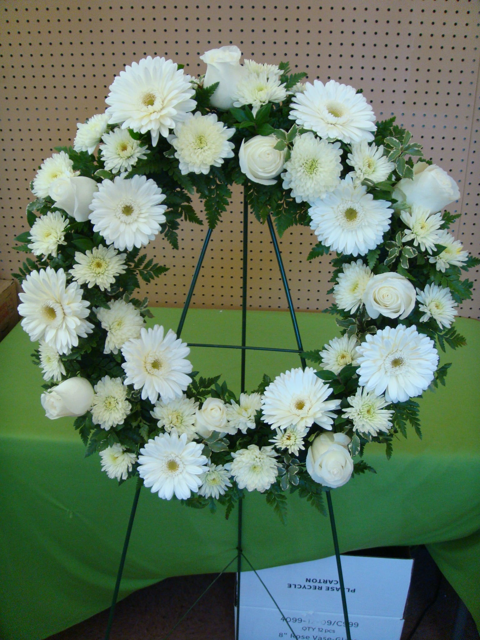 Snow White Sympathy Wreath Gerber Daisies, Roses &amp; Poms - Snow White Sympathy 18&quot; Wreath With Gerber Daisies, Roses &amp; Poms On 54&quot; Easel Stand