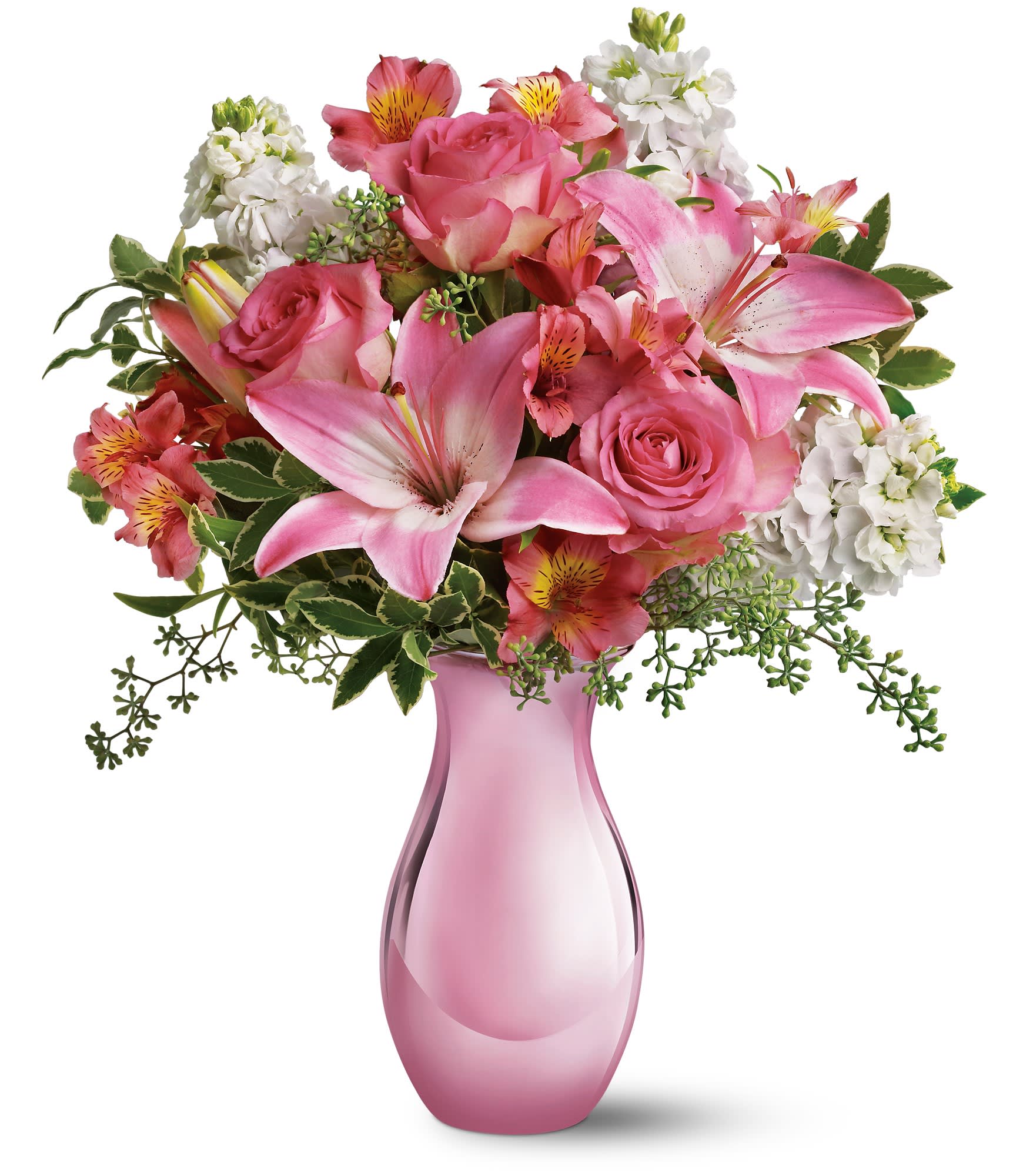 Teleflora's Pink Reflections Bouquet with Roses - Oh, so pretty in pink, this beautiful bouquet will make any woman's day. With so many pretty flowers in such a uniquely beautiful vase, this can't-miss gift is perfect for Mother's Day, a birthday, any day! 