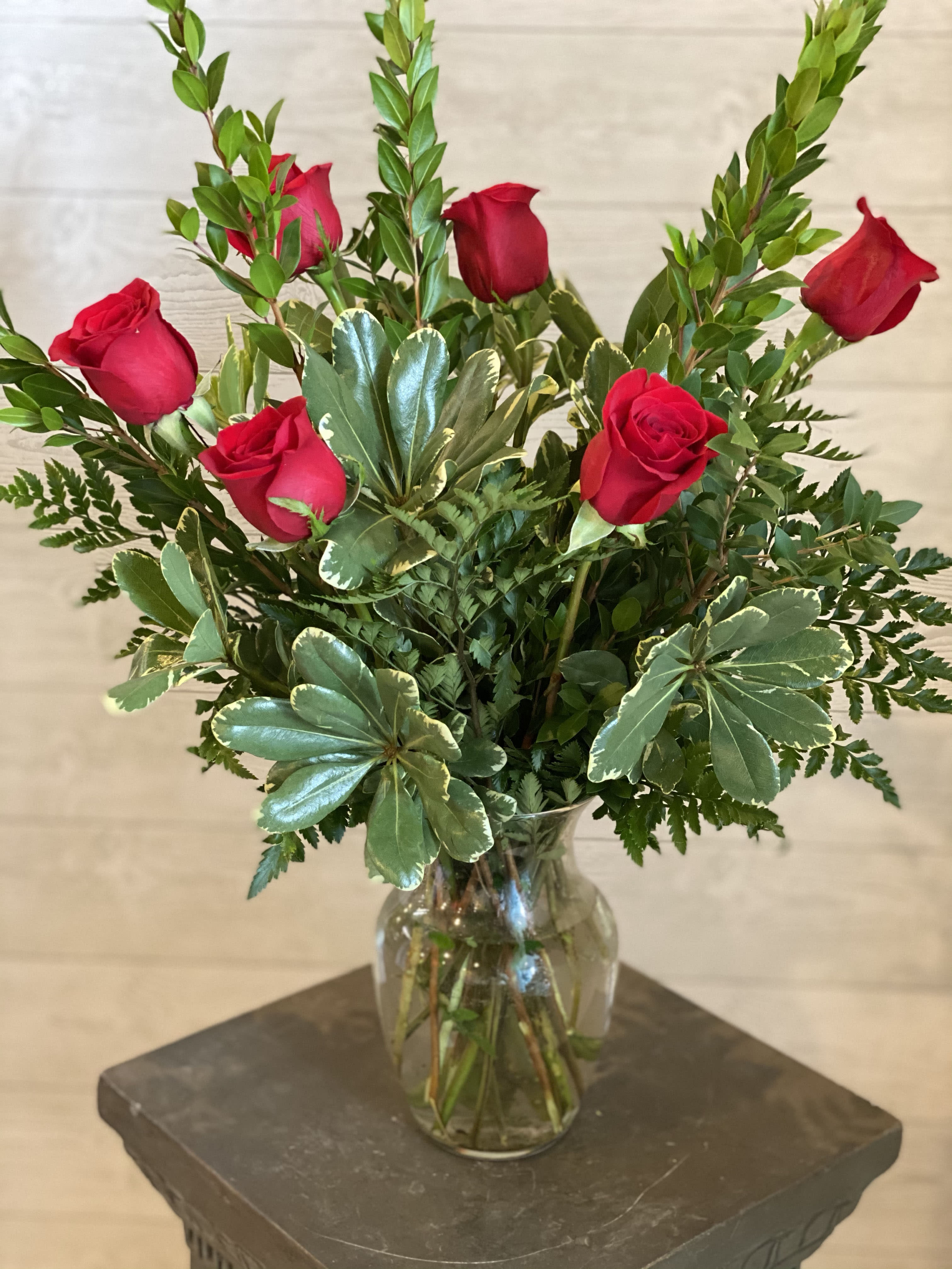 6 Roses in a Vase in Oak Hill, WV Blooms by Bessie's