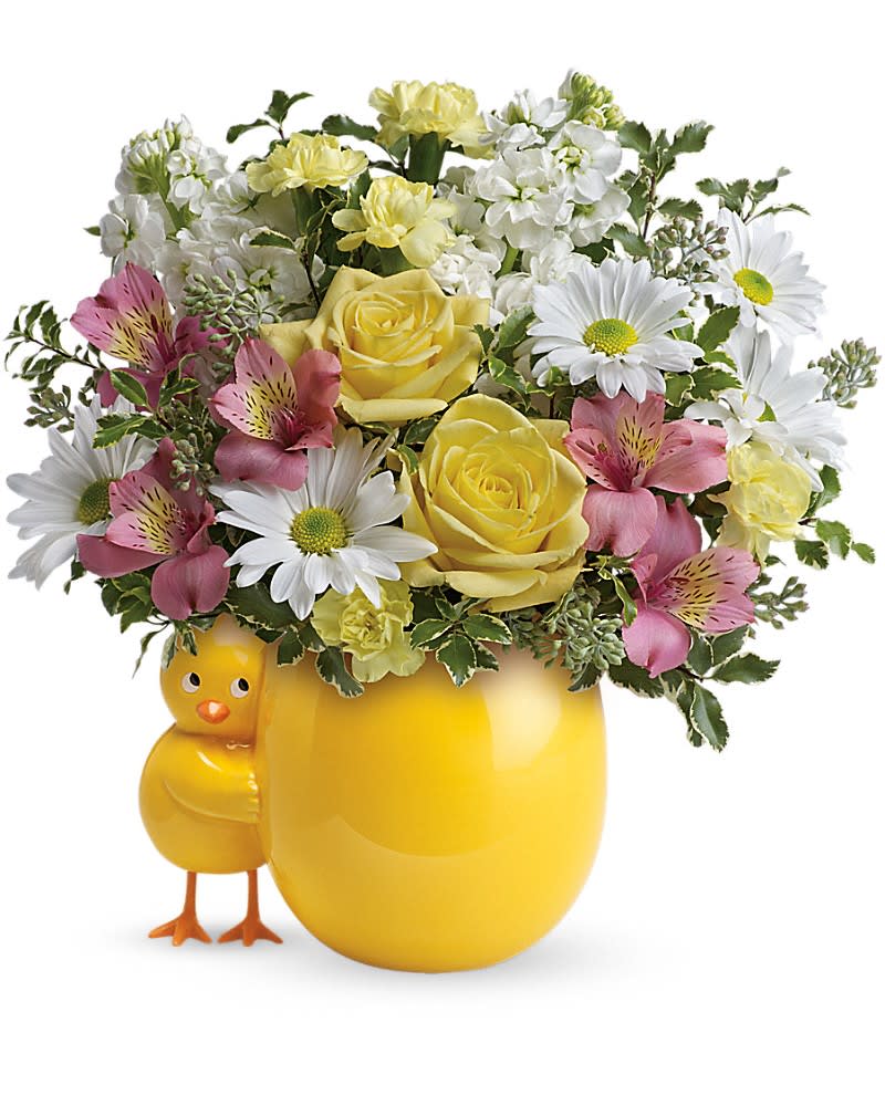 Sweet Peep Bouquet - Baby Pink Sweet Peep Bouquet - Baby Pink - Celebrate a special arrival with this egg-cellent gift! Cheery white daisies, pink alstroemeria and gorgeous yellow roses will delight the new parents, especially when presented in this darling keepsake ceramic vase. This cheerful bouquet includes lush yellow roses, light pink alstroemeria, miniature light yellow carnations, white stock, white daisy spray chrystanthemums, variegated pittosporum and seeded eucalyptus. Delivered in a Happy Chick vase.Approximately 12 1/2" W x 12" H