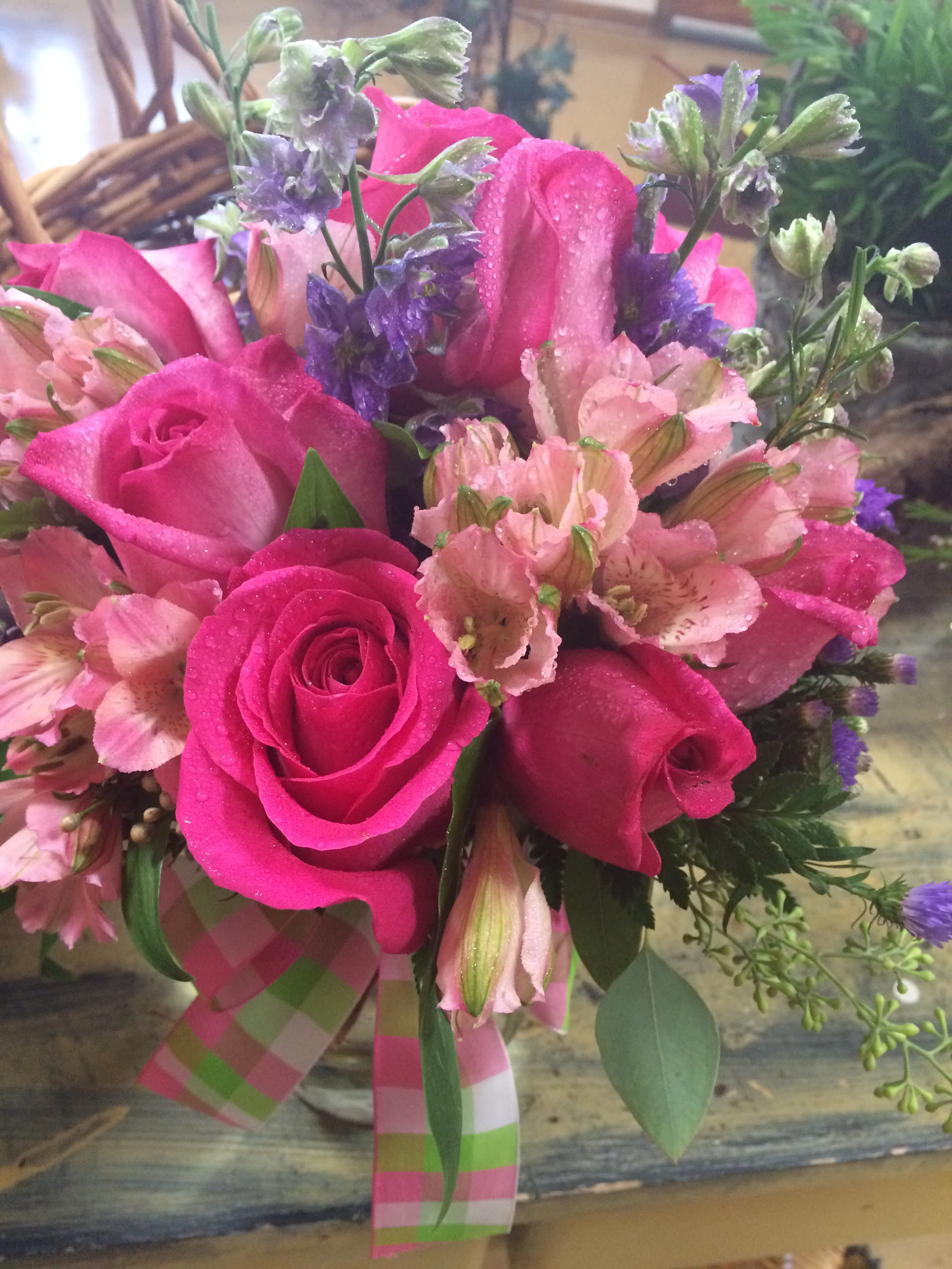 Just for You - Hot pink roses, alstomeria and purple larkspur, make for a nice thank you, get well or birthday wishes