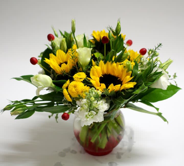 Sunflowers Surprise  - Sunflower, Coffee bean, White lisianthus and yellow button. 
