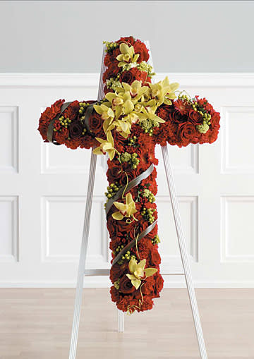 Red and Green Standing Cross - Cymbidium Orchids, Roses carnations bouvardia hypericum vibernum and gerber daisies