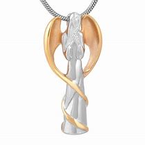 Rose Gold Tone Stainless Steel Winged Angel Cremation Urn Pendant - Simple, yet elegant. High quality stainless steel cremation urn pendant.  Supplied with a 22″ snake chain and double-stitched gray microfiber jewelry pouch.   Dimensions: 1 1/2″ L x 11/16″ W X 1/4″ D