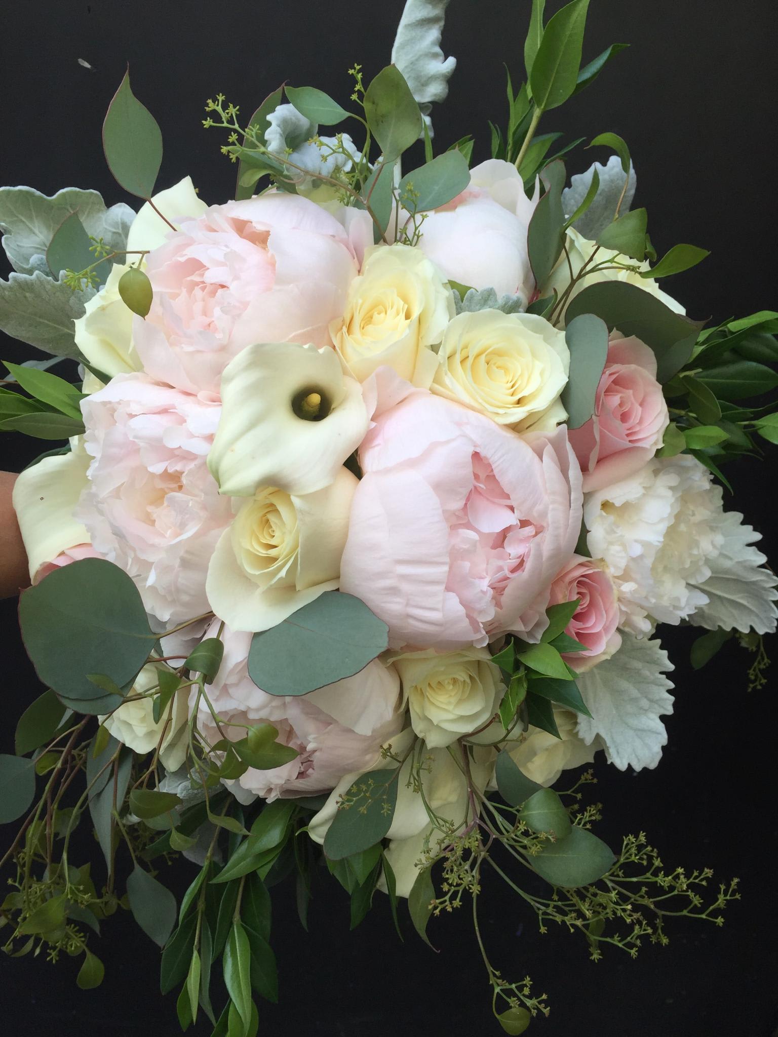 Bridal 6 - Bridal bouquet with peonies, roses, calla lilies and accents.