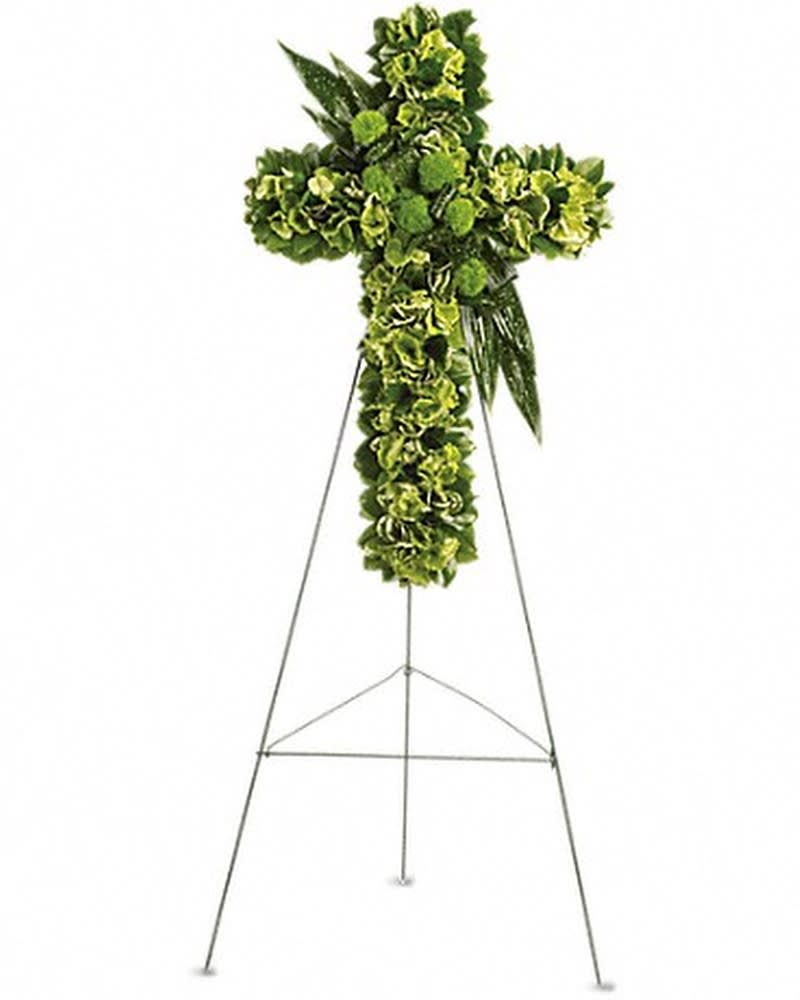 Garden Cross - A spiritual tribute for the religious service, this lovely cross made of green hydrangea, green dianthus and other favorites symbolizes the hope for eternal life. The exquisite arrangement includes green hydrangea, green trick dianthus, variegated pittospourum, accented with Israeli ruscus and other assorted greenery.