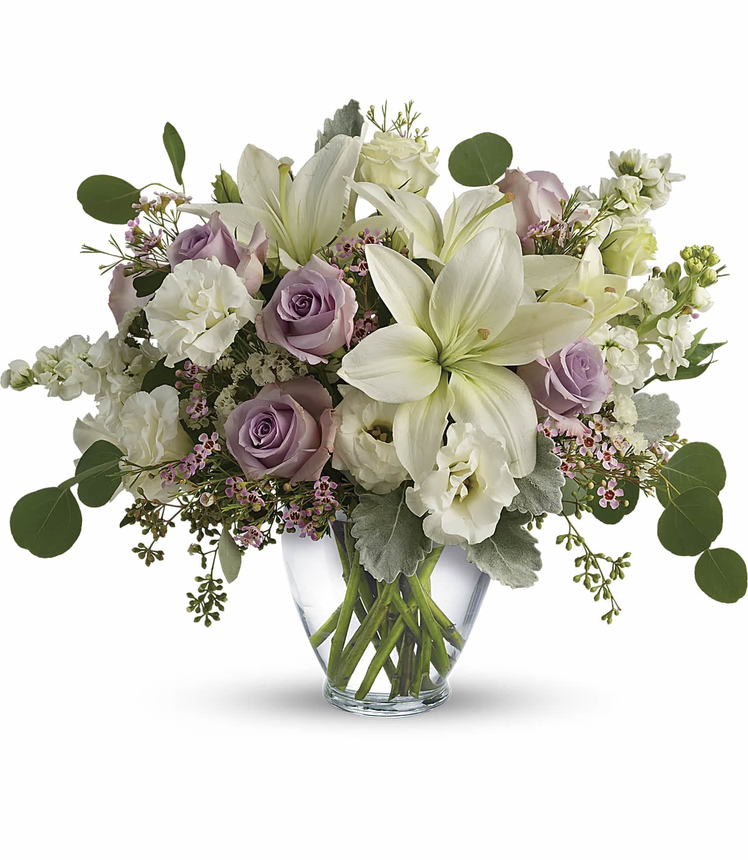 Lovely Luxe Bouquet - Pamper your lovely with this luxurious lavender and cream bouquet! Ravishing roses, fragrant lilies and delicate lisianthus create a chic, sweet surprise they'll never forget. 