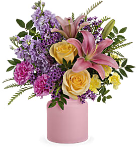 Cheerful Gift Bouquet - Cheers to you! Celebrate any day with this cheerful gift of pink lilies and yellow roses, delivered in a fun frosted glass jar.