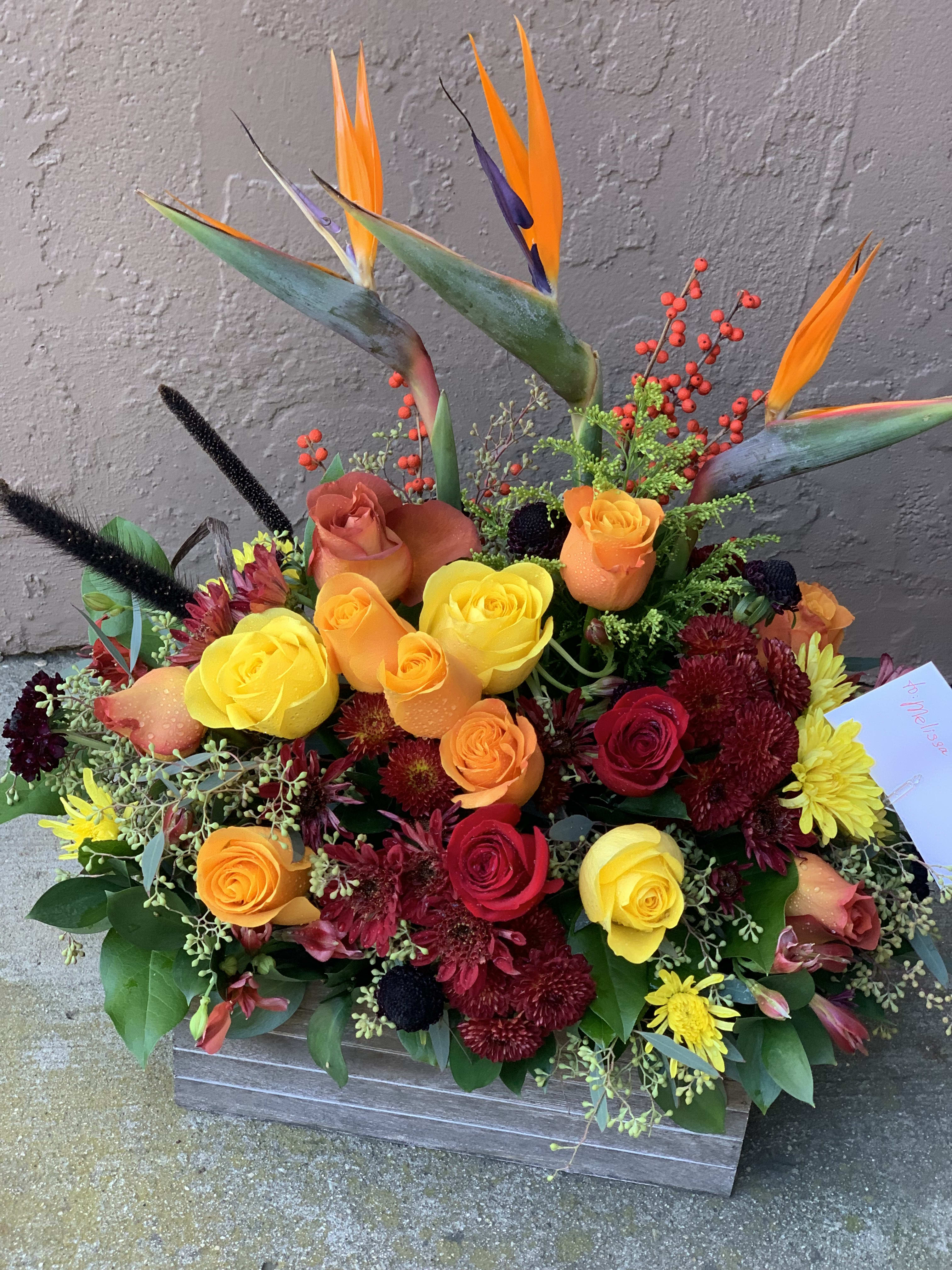 In Season Wooden  Box  - It can be in any season depending what is outside. This particular one is fall colors. Please specify when ordering.  Please note all deliveries come out in route after 2:30 pm until 6:30 pm. Otherwise it is specified in the “special instructions” window like “office hour delivery”.  *In winter time your flowers can be delivered after the sunset. We use only fresh flowers, plus we are in Ramona- it takes time to create what you ordered. After all, it is worth it. 