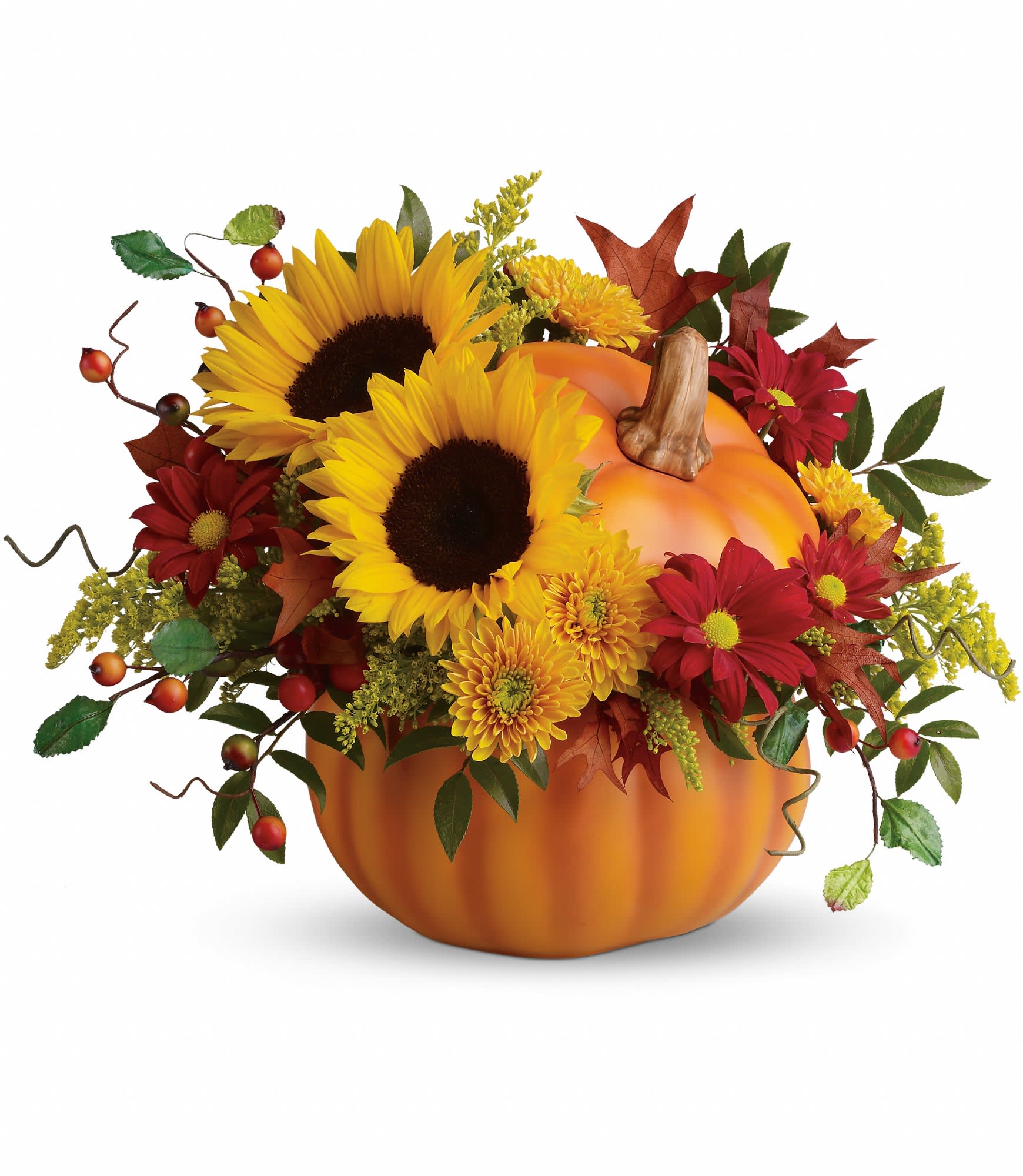 Teleflora's Pretty Pumpkin Bouquet - The radiant bouquet includes yellow sunflowers, yellow cushion spray chrysanthemums, red daisy spray chrysanthemums, solidago, huckleberry and oak leaves. Approximately 15 1/2&quot; W x 12&quot; H. T11H110A