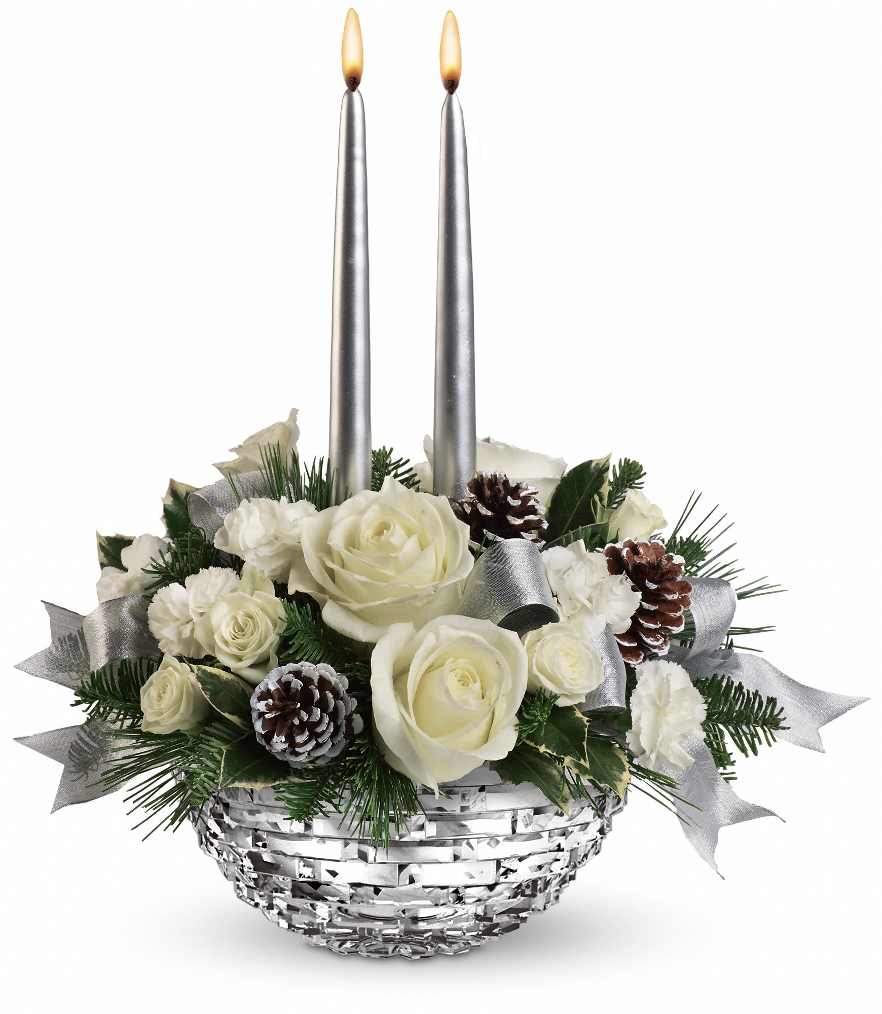 Teleflora's Splendid New Year Centerpiece - White roses, white spray roses and white miniature carnations are accented by tips of white pine, holly and noble fir and frosted pinecones. Delivered in Teleflora's Sparkle of Christmas glass bowl. Approximately 15 1/2&quot; W x 16&quot; H. T12X110A