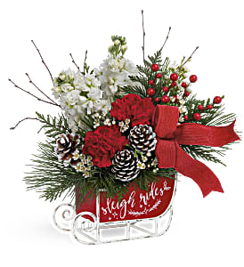 Teleflora's Christmas Day Sleigh Bouquet - Like a snowy sleigh ride through a frosty forest, this fun-filled Christmas gift is pure delight, featuring a beautiful holiday bouquet lovingly arranged in a vintage metal sleigh.