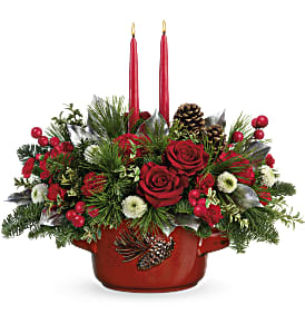Teleflora's Christmas Heirloom Centerpiece - Reminiscent of a family heirloom, this stunning stoneware serving dish is food-safe for stylish seasonal entertaining. It's the perfect presentation for an elegant Christmas rose bouquet!