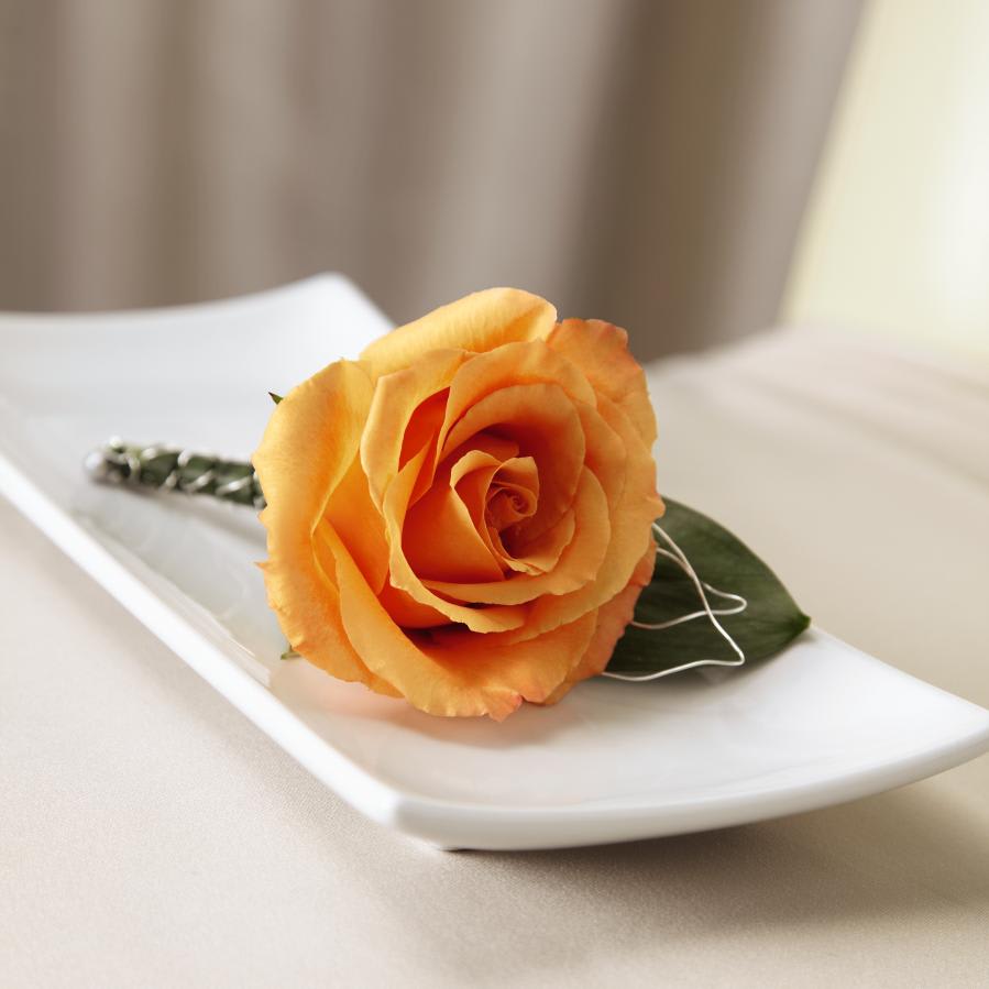 FTD New Sunrise Boutonniere - The FTDÂ® New Sunriseâ¢ Boutonniere is a beautiful and bright way to   celebrate your wedding day. A single orange rose is accented with lily   grass blades and lush greens tied together with a silver metallic wire   to give your groomsmen that complete look of wedding day charm. Approx.   5âH x 2âW.    