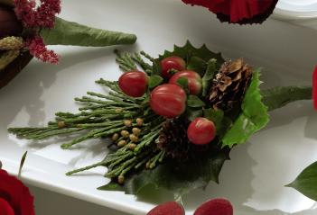 FTD Red Berry Boutonniere - The FTD Red Berry Boutonniere is a simply charming way to add to the   overall look of your groomsmen. Red hypericum berries are brought   together with holly leaves, clusters of cedar greens and mini pinecones   to create the perfect look for a holiday wedding. Approx. 5âH x 3âW. 