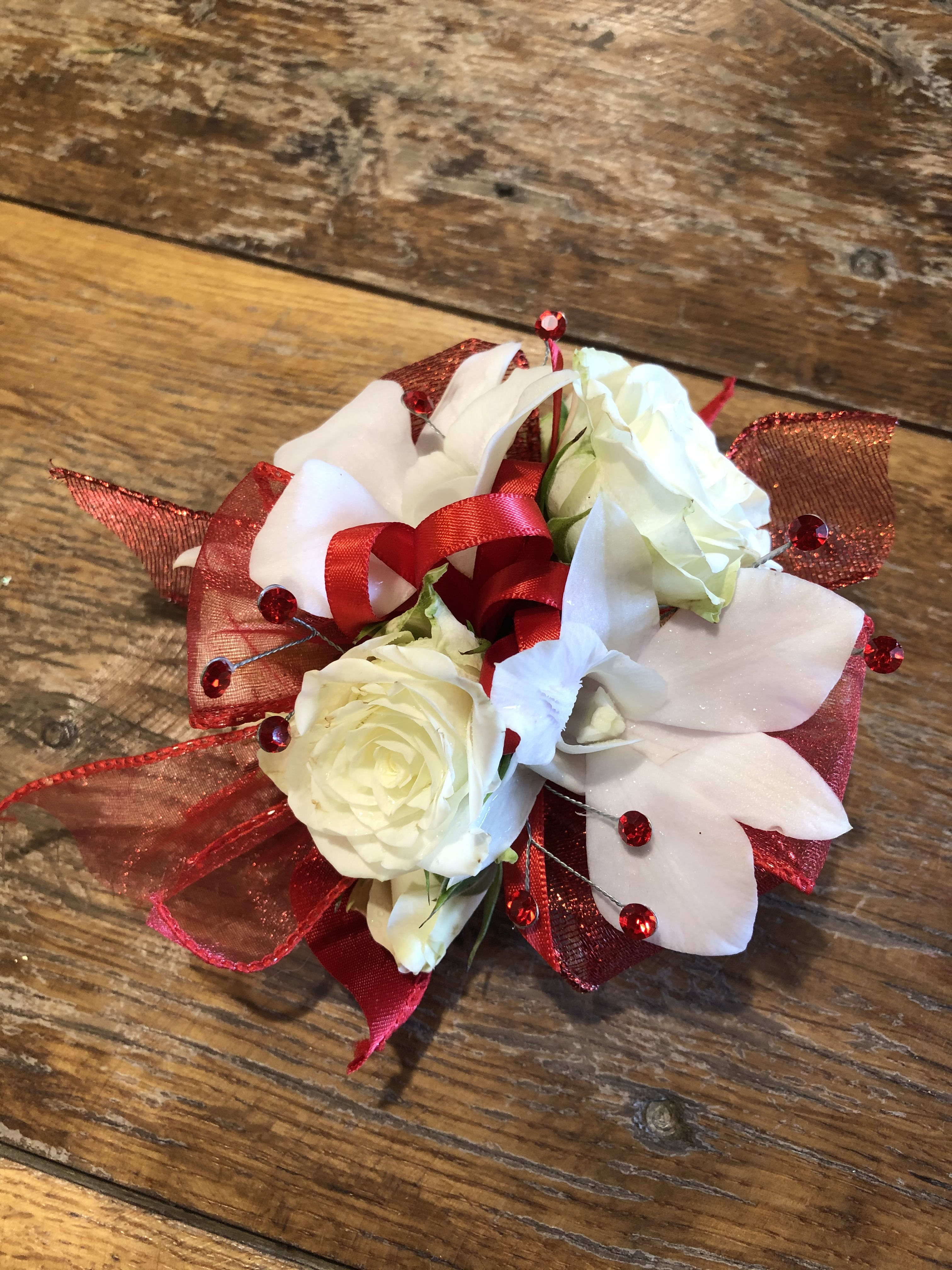 Red White Prom Wrist Corsage in Palmyra WI Heidi s Hobbies Florals Gifts