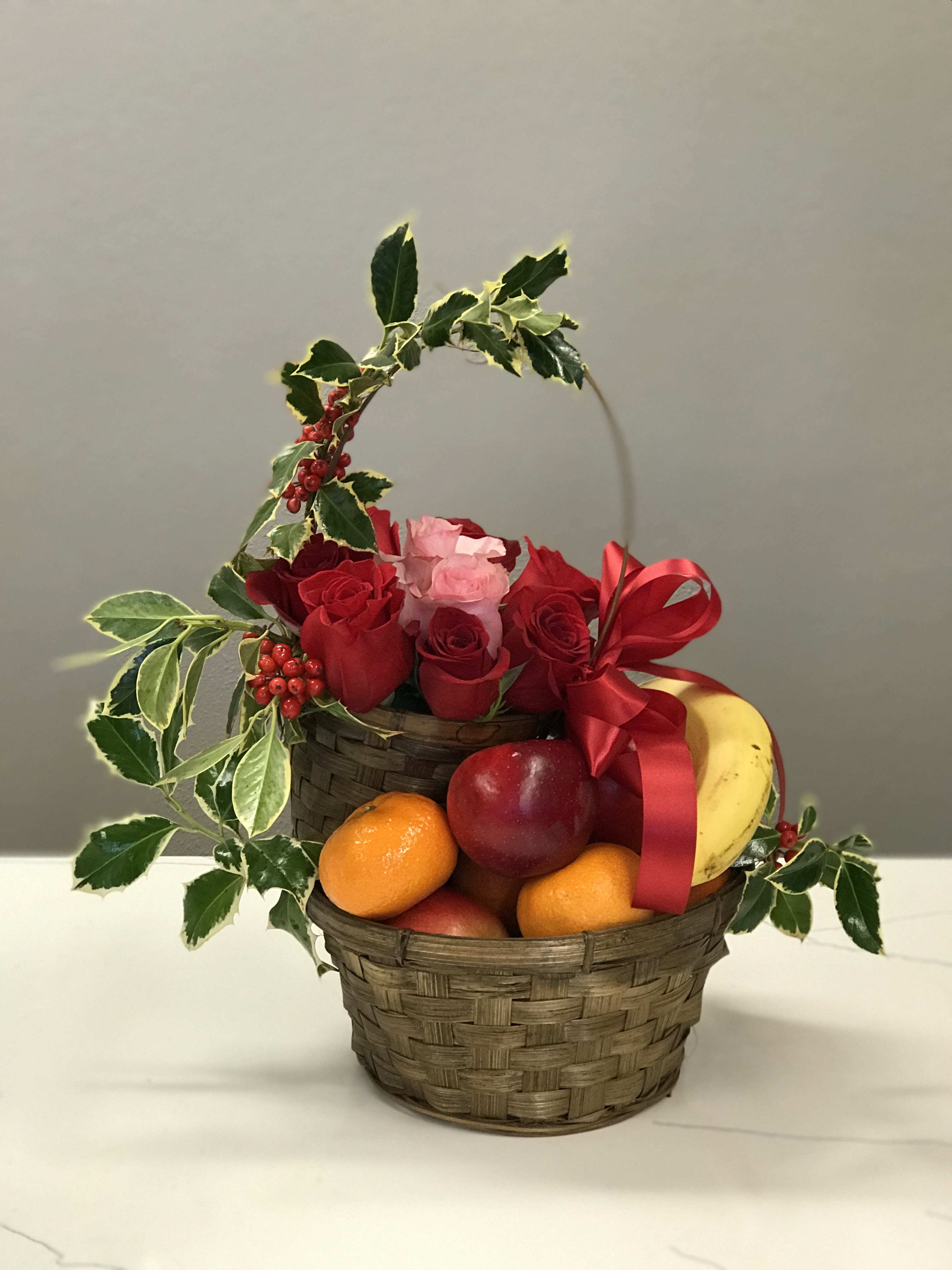 Rose and Fruit Holiday Basket - Say Merry Christmas and Happy Holidays to your loved ones with both flowers AND fruit. Yay for thoughtfulness!!