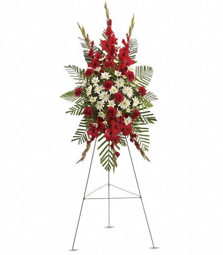 T261-2A Strength &amp; Solace Spray - Express your love beautifully and tastefully with this stunning spray of red and white floral favorites. An impeccable choice for the memorial service. The magnificent spray includes red gladioli, red carnations and white cushion spray chrysanthemums, accented with emerald palm and leatherleaf fern. Approximately 27&quot; W x 47&quot; H 