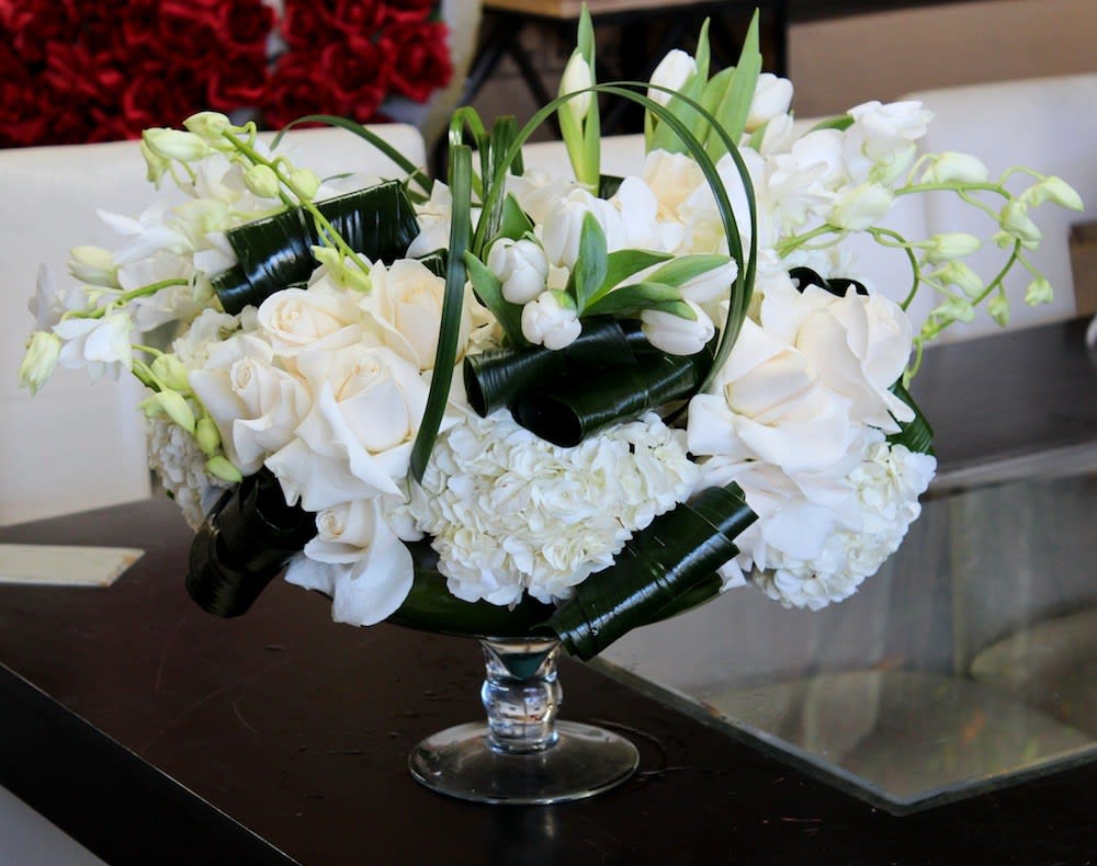 White Knight - A very classy, modern combination of rose, hydrangeas and tulips in all white.  *Standard size is approximately 12&quot; x 12&quot;.