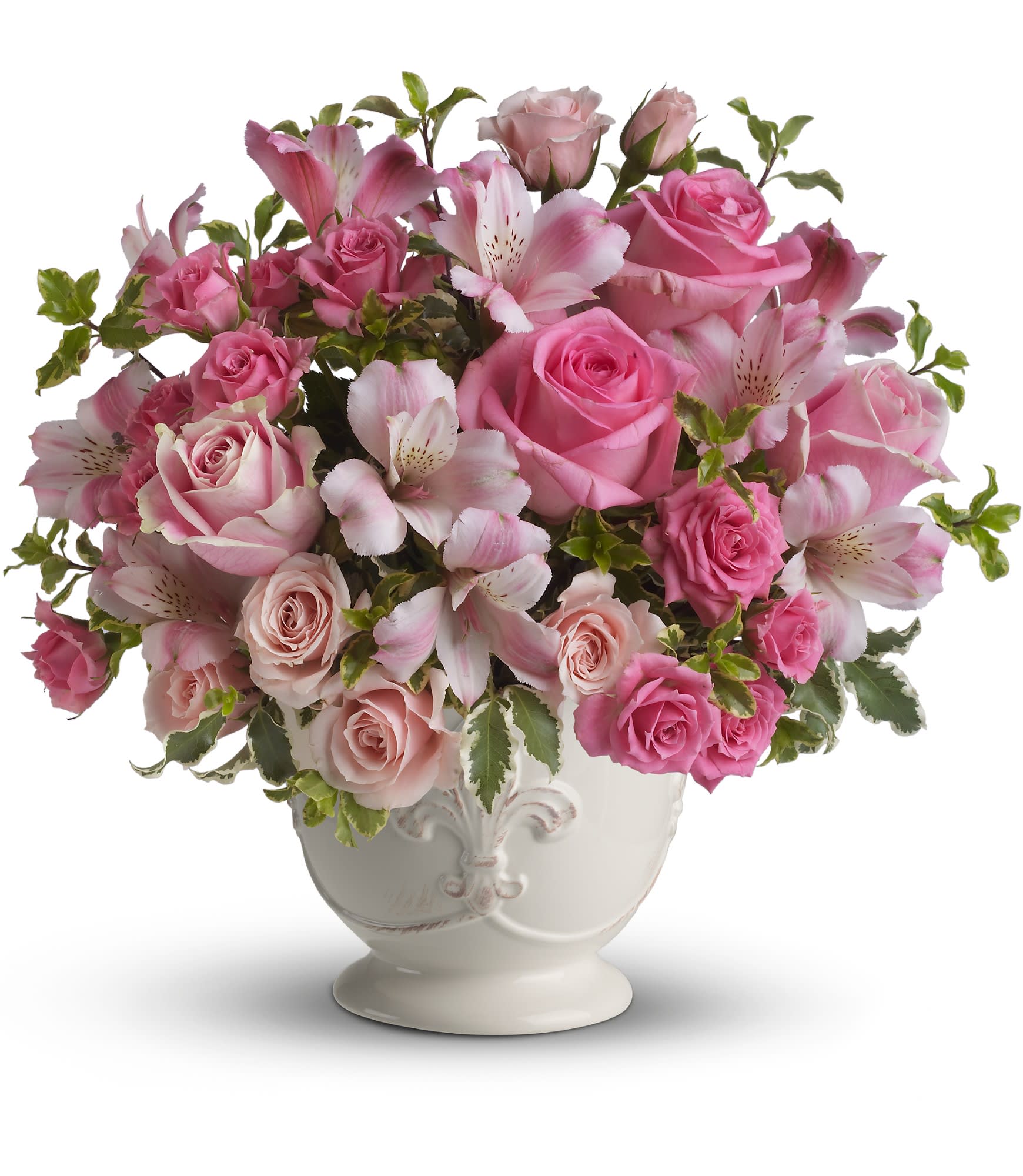  Pink Potpourri Bouquet with Roses - As strong as it is soft, the color pink as it is featured here creates a loving and utterly feminine tribute. Many shades of pink blossoms blend together for an effect that is beautiful. Color options available- call for details. 