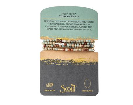 Peace Stone Wrap - Tap into the energies of the earth.  Semi precious gemstones adorn wrist &amp; neckline. Effortlessly converts from bracelet to necklace.  Can be wrapped 4-5 times as a bracelet and 1-2 times as a necklace. - 34&quot; length - Materials: Semi precious stone beads, plated brass, stretch cord. - Presented on cards that tell the meaning of each stone:     Aqua Terra | Stone of Peace. Brings love and compassion. Protects the wearer by absorbing negative energies. Relieves stress. Opens the heart and has a harmonizing effect. Presented in a gift bag with tissue and pretty bow!  