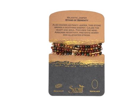 Serenity Stone Wrap - Semi precious gemstones adorn wrist &amp; neckline. Effortlessly converts from bracelet to necklace.  Can be wrapped 4-5 times as a bracelet and 1-2 times as a necklace.  - 34&quot; length - Materials: Semi precious stone beads, plated brass, stretch cord - Presented on cards that tell the meaning of each stone:     Majestic Jasper | Stone of serenity. Also known as Fancy Jasper. This stone brings a soothing energy. Calms the heart and soul. Focuses the mind. Absorbs negativity, prevents worry and alleviates stress.  Presented in a gift bag with tissue and pretty bow!