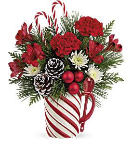 Teleflora's Send a Hug Sweet Stripes Bouquet Teleflora's Send a Hug Sweet Stripes Bouquet - Warm their hearts with this sweet holiday bouquet, arranged in a hand-painted ceramic mug with sculpted stripes and a matching spoon! It's food safe for years of seasonal sipping delight.
