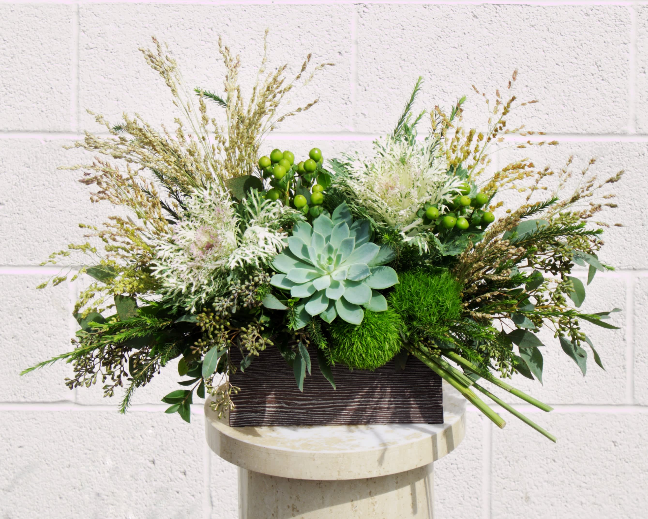 Green Field - Fresh design including kale flower, succulent, green ball, coffee bean and accents in a wood box. STANDARD: FIRST PHOTO DELUXE: SECOND PHOTO