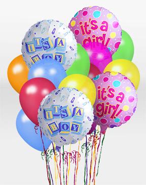 It's A Girl Balloon Bunch - When you want your gift to make a big impression give them this fun Balloon Bunch. The bouquet arrives with 2 mylar balloons surrounded by 6 latex balloons and tied together with a ribbon. The It's A Girl mylar balloon designs will vary.