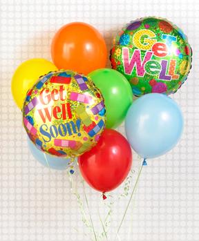 Get Well Balloon Bouquet - When you want your gift to make a big impression give them this fun Balloon Bouquet. The bouquet arrives with 2 mylar balloons surrounded by 6 latex balloons and tied together with a ribbon. The get well mylar balloon designs will vary.